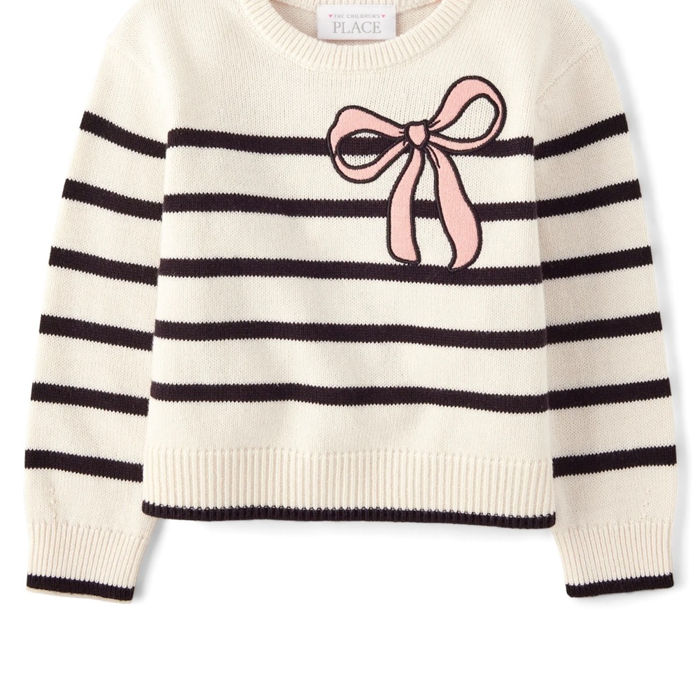 The Children's Place Cream and Black Striped Sweater with Pink Bow